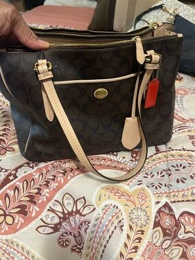 Coach Brown Signature Canvas Shoulder Bag with Cream Trim and Red Tag